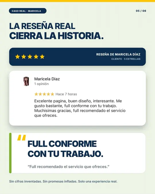 Reseña de cinco estrellas de Maricela Díaz sobre el diseño y servicio de LOWWEBPRO